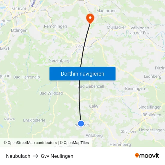 Neubulach to Gvv Neulingen map