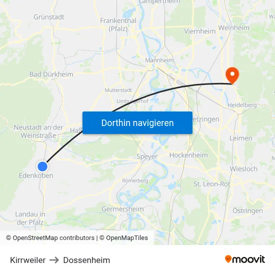 Kirrweiler to Dossenheim map