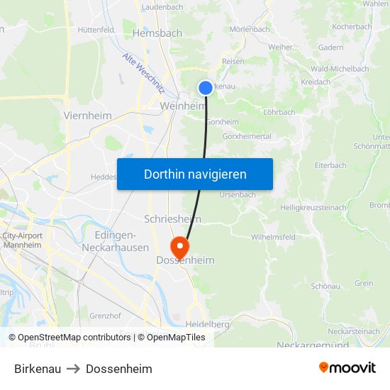 Birkenau to Dossenheim map