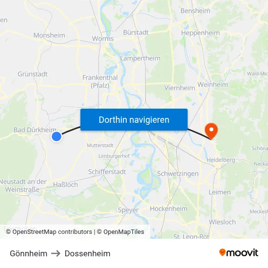 Gönnheim to Dossenheim map