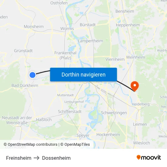 Freinsheim to Dossenheim map
