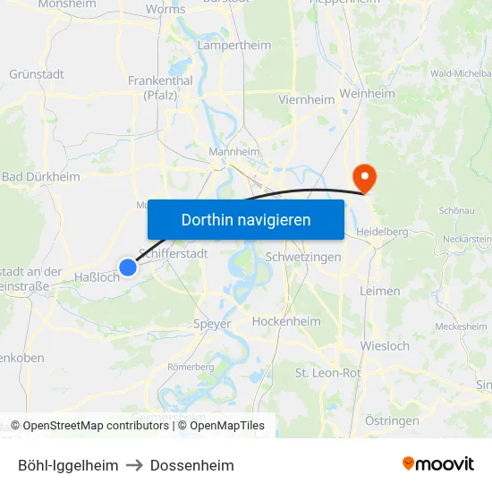Böhl-Iggelheim to Dossenheim map