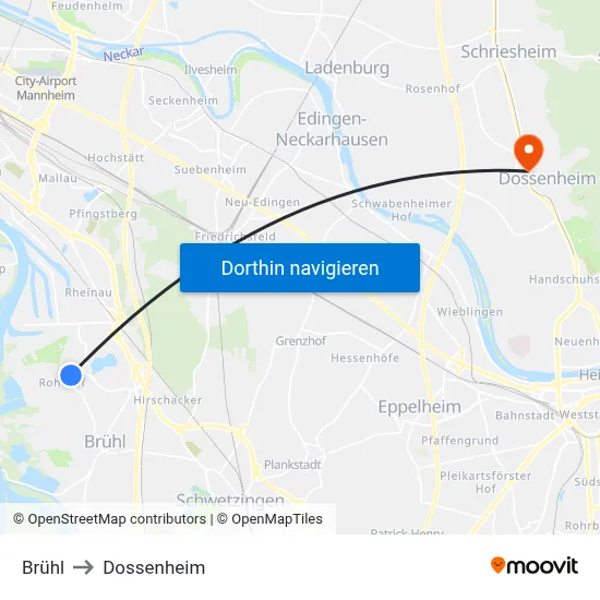 Brühl to Dossenheim map