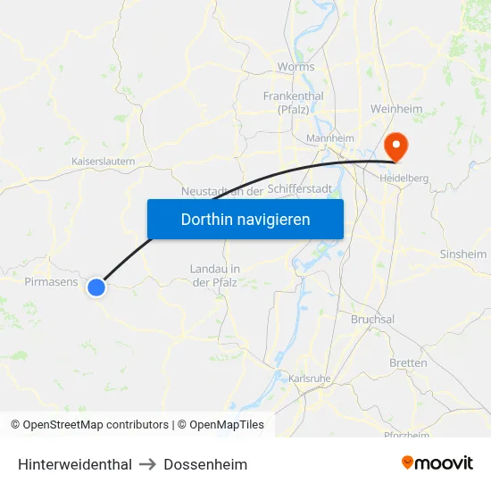 Hinterweidenthal to Dossenheim map