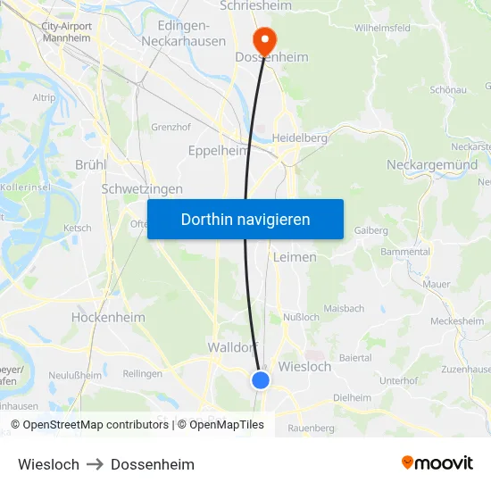 Wiesloch to Dossenheim map