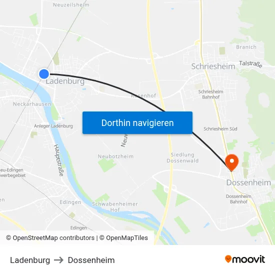 Ladenburg to Dossenheim map