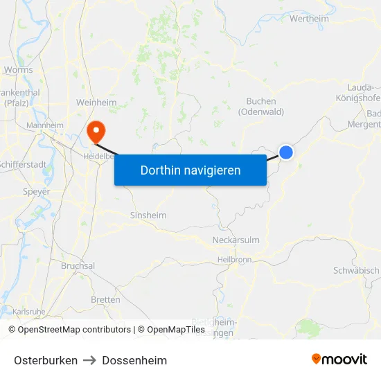 Osterburken to Dossenheim map