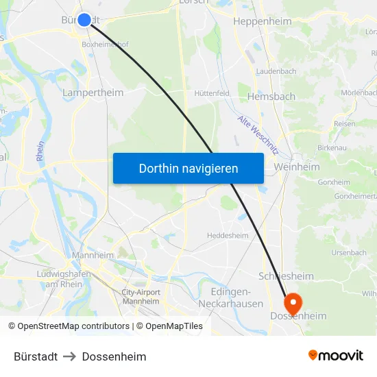 Bürstadt to Dossenheim map