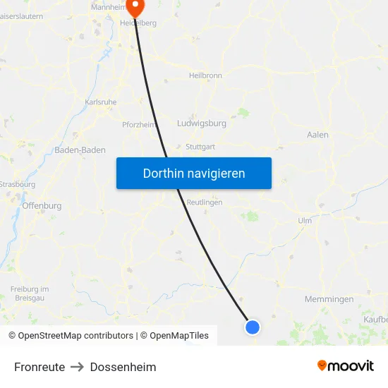 Fronreute to Dossenheim map