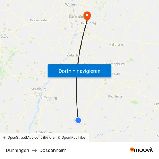 Dunningen to Dossenheim map