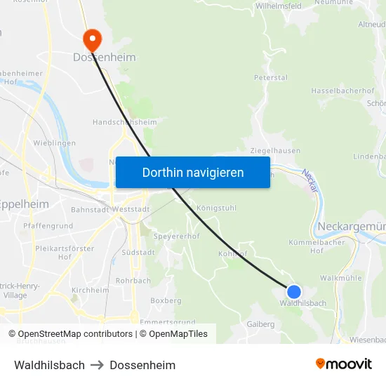 Waldhilsbach to Dossenheim map