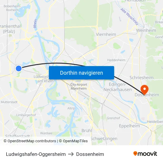 Ludwigshafen-Oggersheim to Dossenheim map