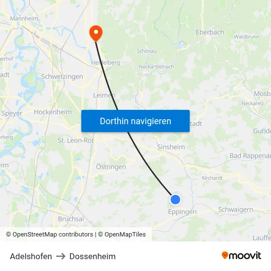 Adelshofen to Dossenheim map