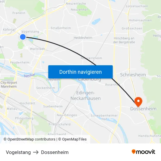 Vogelstang to Dossenheim map