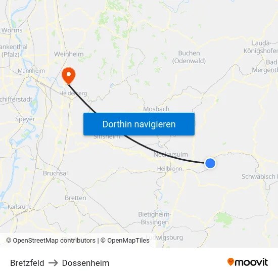 Bretzfeld to Dossenheim map