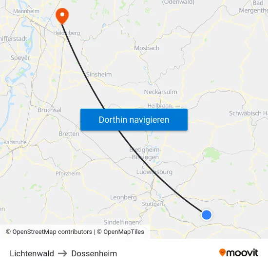 Lichtenwald to Dossenheim map