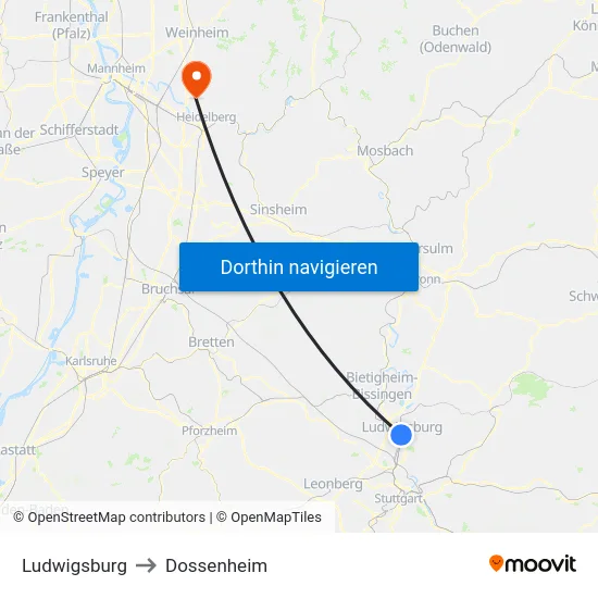 Ludwigsburg to Dossenheim map