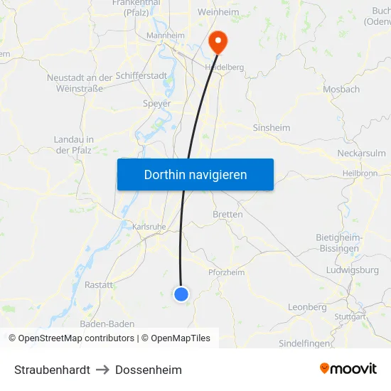 Straubenhardt to Dossenheim map