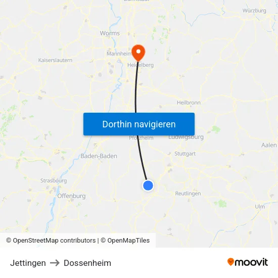 Jettingen to Dossenheim map