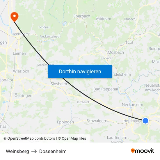 Weinsberg to Dossenheim map