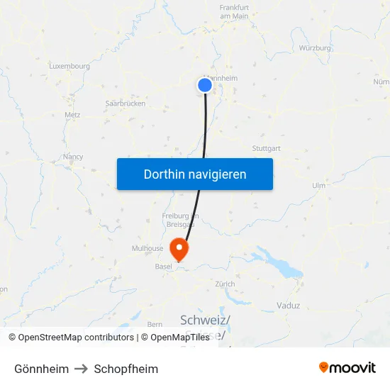 Gönnheim to Schopfheim map