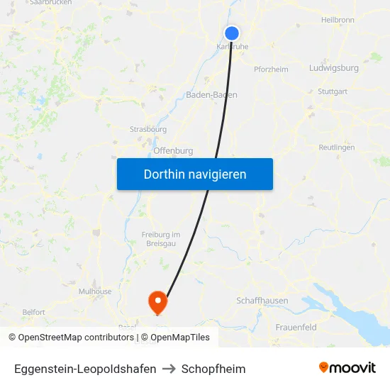 Eggenstein-Leopoldshafen to Schopfheim map