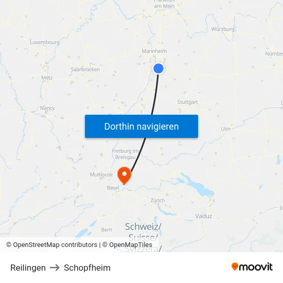 Reilingen to Schopfheim map