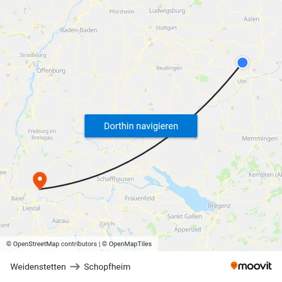 Weidenstetten to Schopfheim map