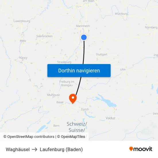 Waghäusel to Laufenburg (Baden) map