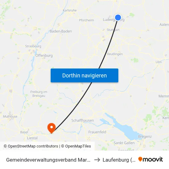 Gemeindeverwaltungsverband Marbach am Neckar to Laufenburg (Baden) map