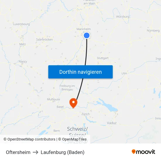 Oftersheim to Laufenburg (Baden) map
