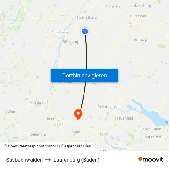 Sasbachwalden to Laufenburg (Baden) map