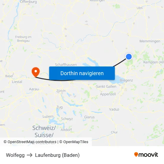 Wolfegg to Laufenburg (Baden) map