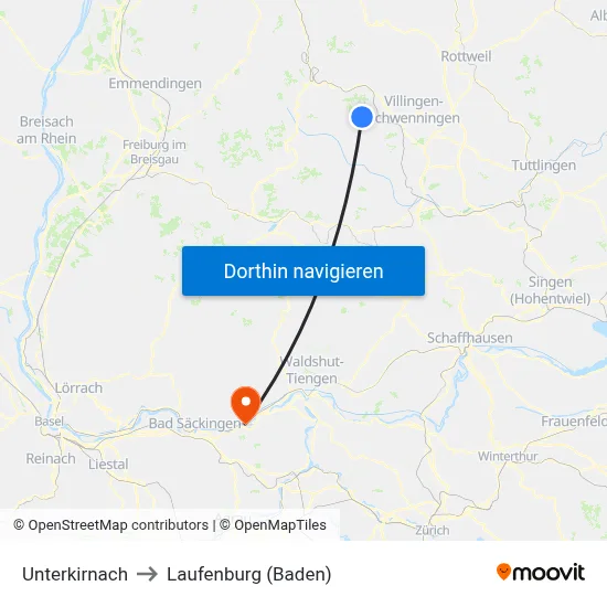 Unterkirnach to Laufenburg (Baden) map