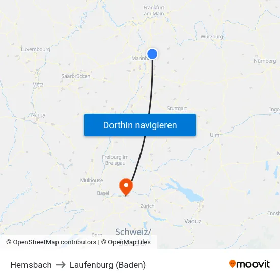 Hemsbach to Laufenburg (Baden) map