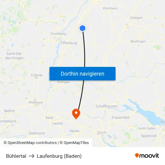 Bühlertal to Laufenburg (Baden) map