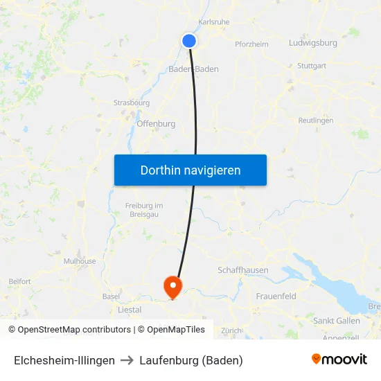 Elchesheim-Illingen to Laufenburg (Baden) map