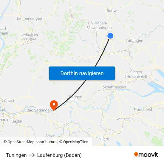 Tuningen to Laufenburg (Baden) map