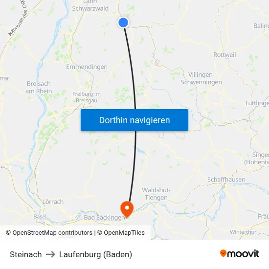 Steinach to Laufenburg (Baden) map