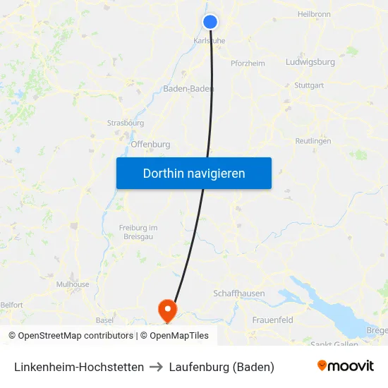 Linkenheim-Hochstetten to Laufenburg (Baden) map