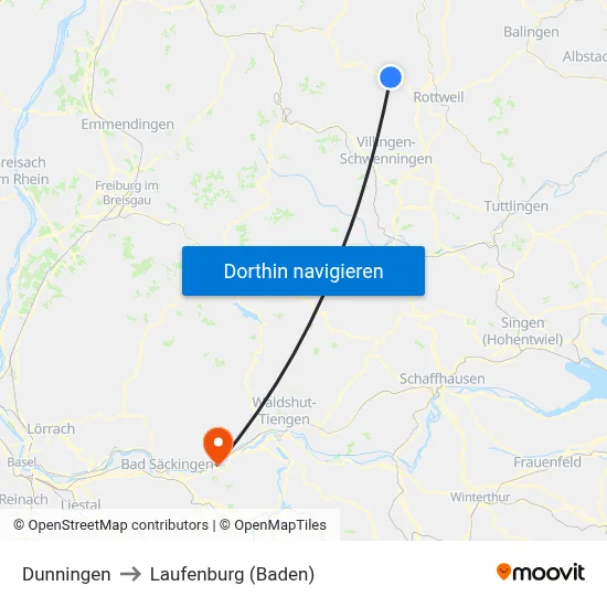 Dunningen to Laufenburg (Baden) map