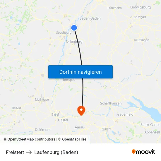 Freistett to Laufenburg (Baden) map