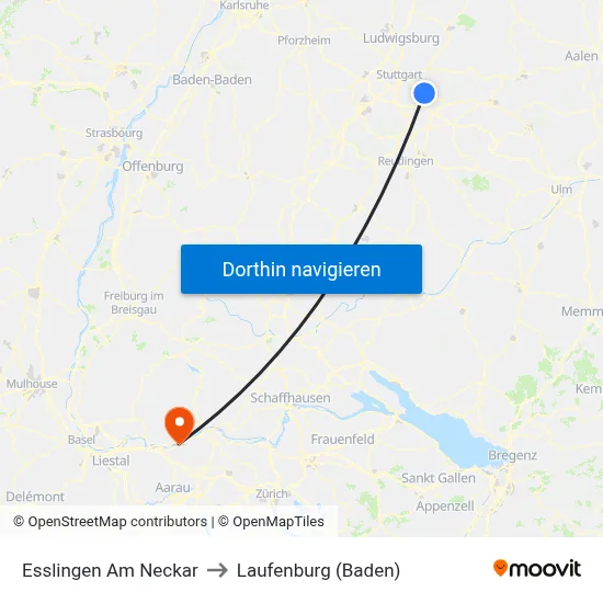 Esslingen Am Neckar to Laufenburg (Baden) map
