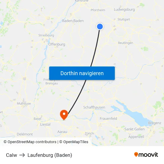 Calw to Laufenburg (Baden) map