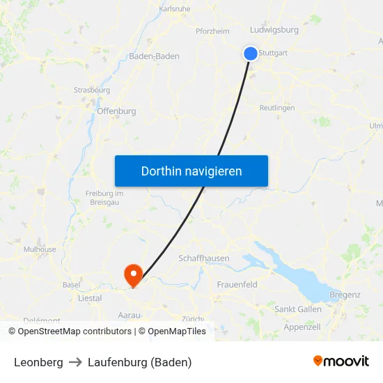 Leonberg to Laufenburg (Baden) map