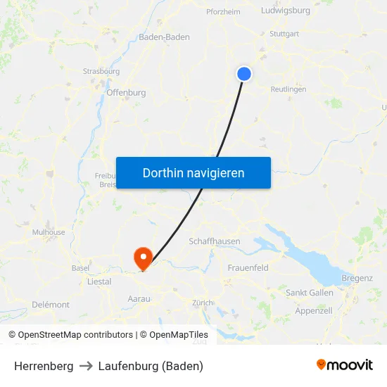 Herrenberg to Laufenburg (Baden) map