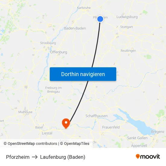 Pforzheim to Laufenburg (Baden) map