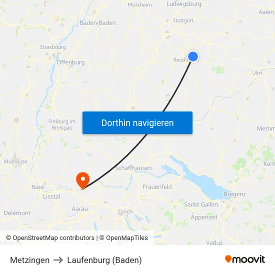 Metzingen to Laufenburg (Baden) map