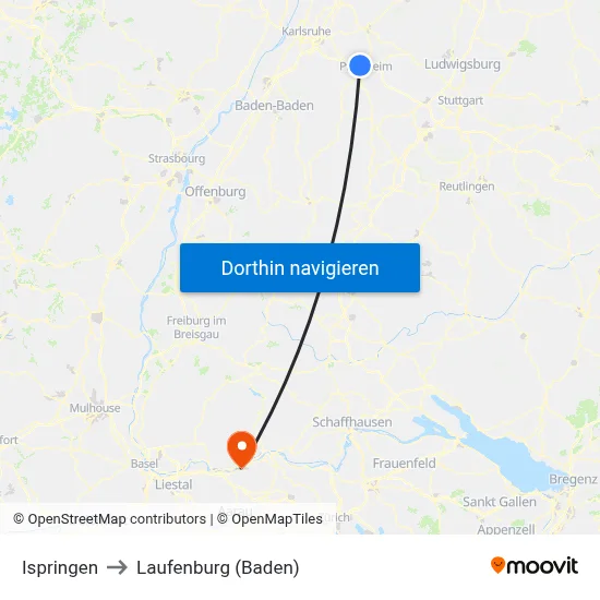 Ispringen to Laufenburg (Baden) map