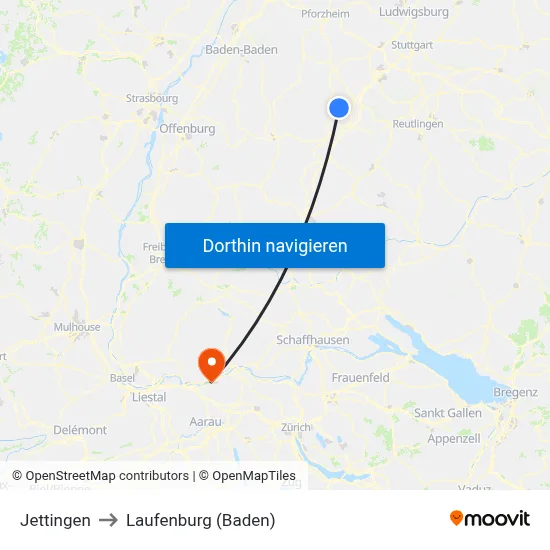 Jettingen to Laufenburg (Baden) map